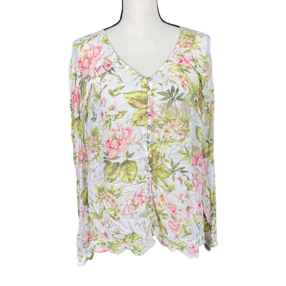 J. Jill Women's Large Floral Button Front Blouse Pink Green Rayon V-Neck Top